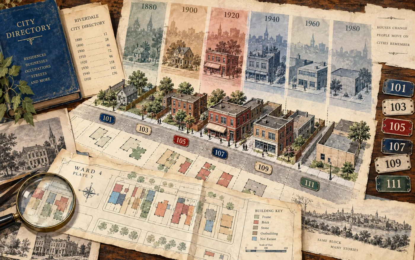 Illustration of an imaginary city block and map changing across several decades
