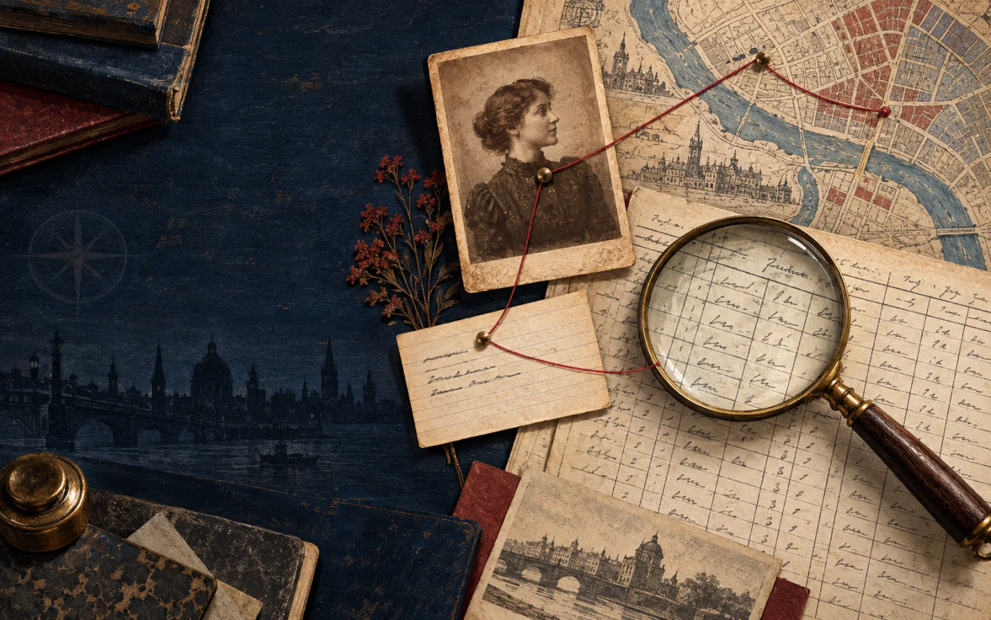 Illustration of an archive table with a fictional portrait, map, ledger and magnifying glass