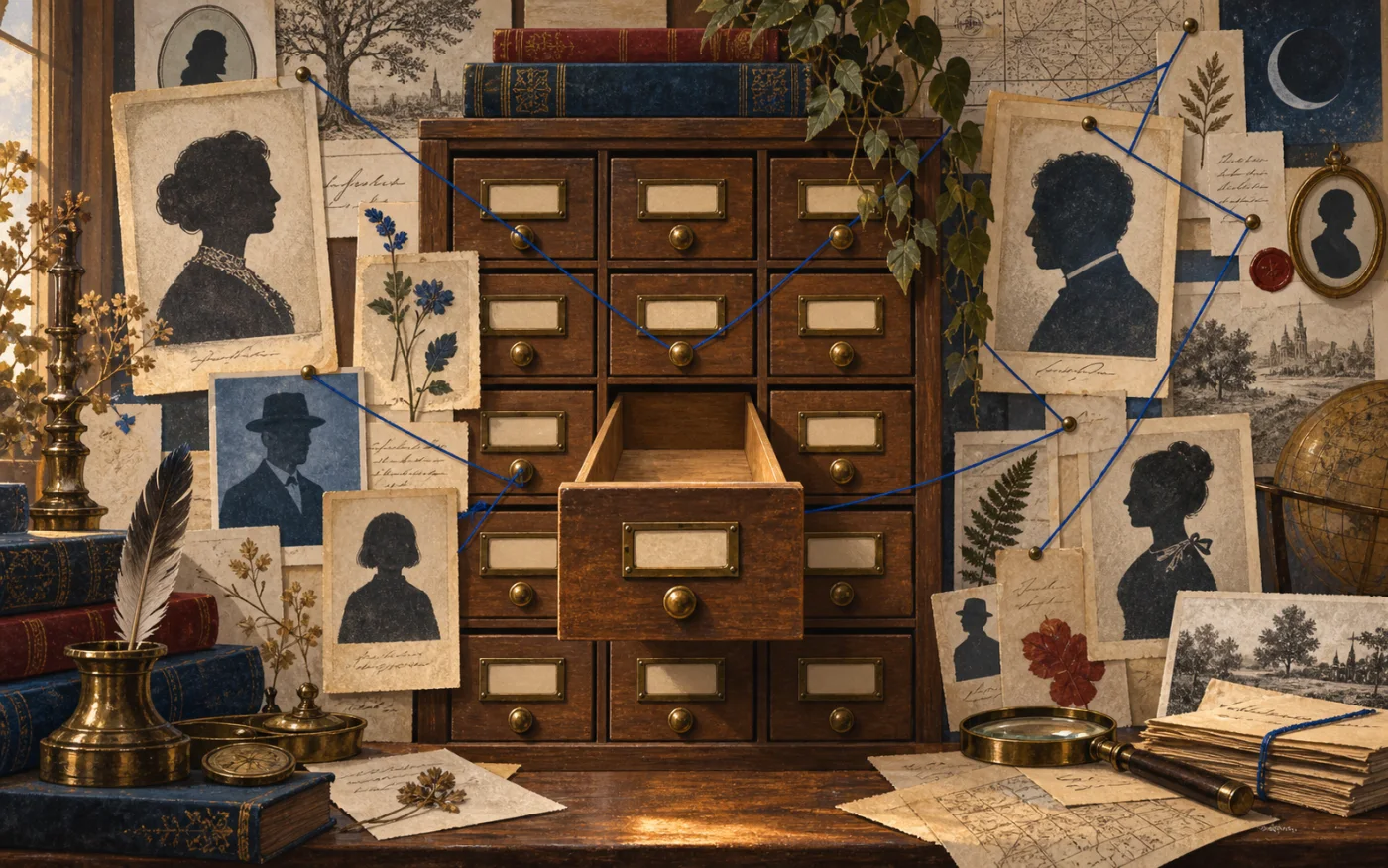 Illustration of an archive card catalog surrounded by fictional silhouette portraits