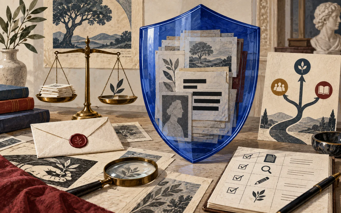 Illustration of archival papers protected by a blue shield beside a balance scale and evidence ledger
