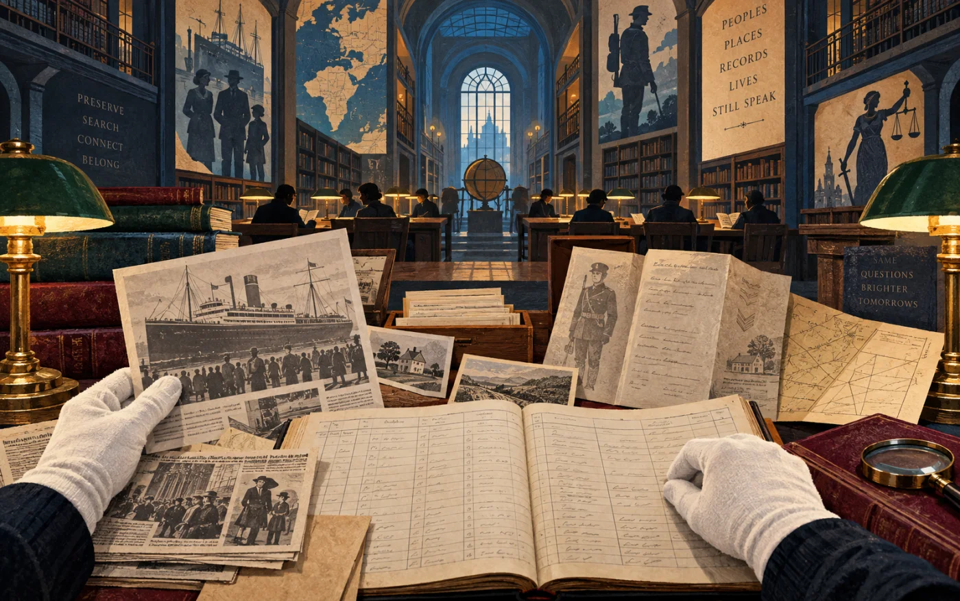 Illustration of a historic reading room with fictional ledgers, manifests and newspaper pages